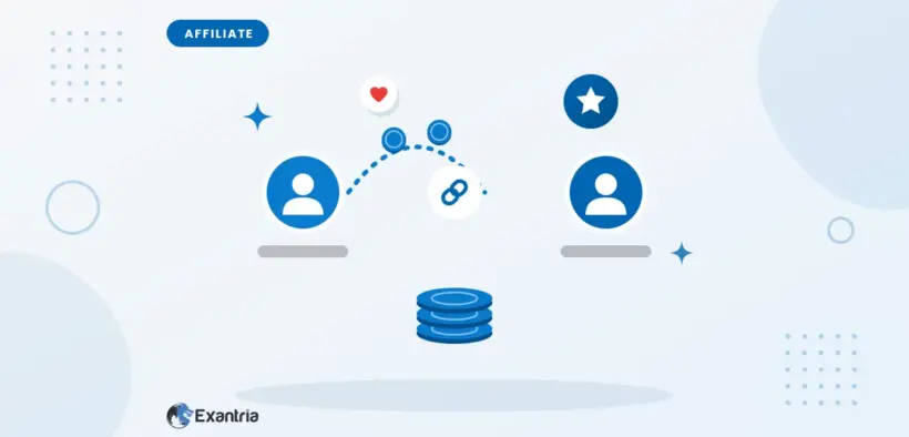 Flat illustration of two faceless avatars linked by a share path with coins, a link chip in the middle and a reward coin stack.