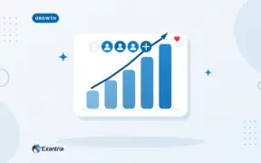 Flat illustration of rising bar charts with an upward arrow and a row of faceless follower avatars ending in a plus badge.