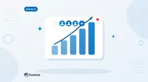 Flat illustration of rising bar charts with an upward arrow and a row of faceless follower avatars ending in a plus badge.