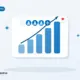 Flat illustration of rising bar charts with an upward arrow and a row of faceless follower avatars ending in a plus badge.