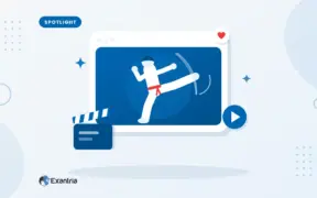Flat illustration of a faceless martial artist in a white uniform and red belt mid-kick on a video screen, beside a clapperboard.