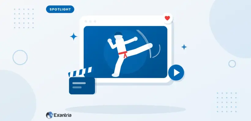 Flat illustration of a faceless martial artist in a white uniform and red belt mid-kick on a video screen, beside a clapperboard.