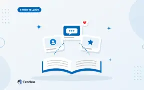 Flat illustration of an open book with three storyboard cards rising from it, showing an avatar, a speech bubble and a star.