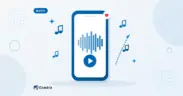 Flat illustration of a smartphone showing a sound waveform and play button, surrounded by floating music notes.