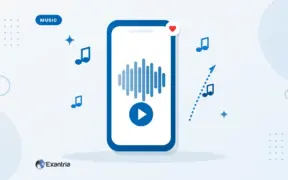 Flat illustration of a smartphone showing a sound waveform and play button, surrounded by floating music notes.