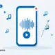 Flat illustration of a smartphone showing a sound waveform and play button, surrounded by floating music notes.