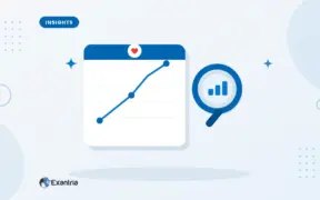 Flat illustration of a growth chart card with data points, beside a magnifying glass showing mini rising bars.