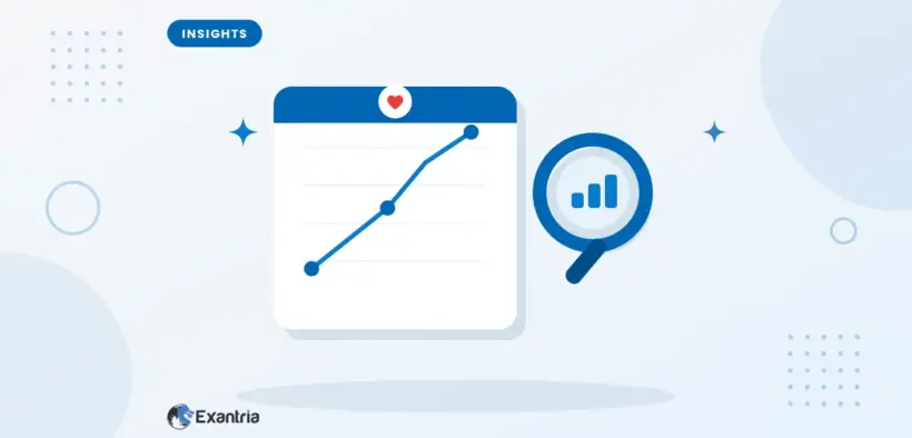 Flat illustration of a growth chart card with data points, beside a magnifying glass showing mini rising bars.