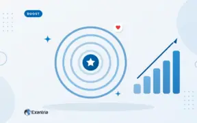 Flat illustration of expanding concentric growth rings around a star, with rising bars and an upward arrow.