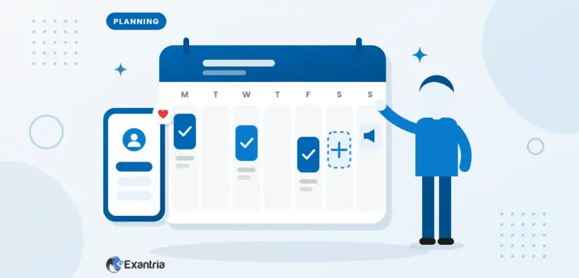 Creator planning a weekly posting calendar for eXantria