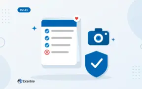 Flat illustration of a rules checklist with three checks and one cross, beside a camera and a blue shield with a check mark.