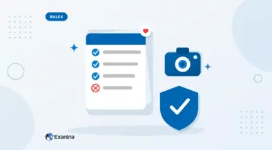 Flat illustration of a rules checklist with three checks and one cross, beside a camera and a blue shield with a check mark.