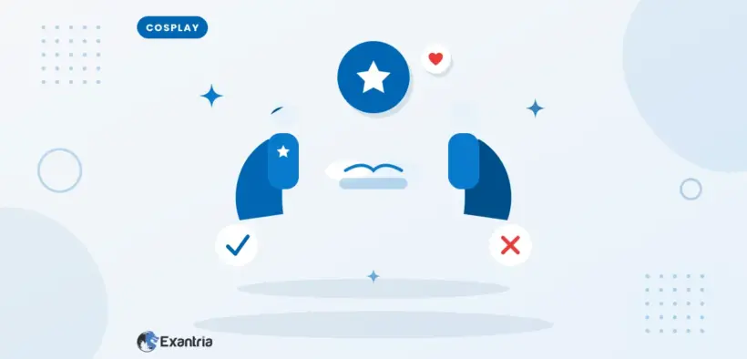 Flat illustration of two faceless costumed figures shaking hands under a blue star, with a check badge and a red cross badge.