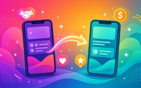 Bright illustration of two phones linked by a glowing arrow with coin, heart and handshake icons, representing the eXantria referral program