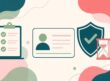 Flat illustration of a checklist clipboard, blank ID card, shield with a check mark and an hourglass