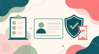 Flat illustration of a checklist clipboard, blank ID card, shield with a check mark and an hourglass