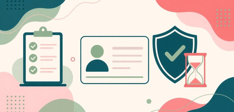 Flat illustration of a checklist clipboard, blank ID card, shield with a check mark and an hourglass