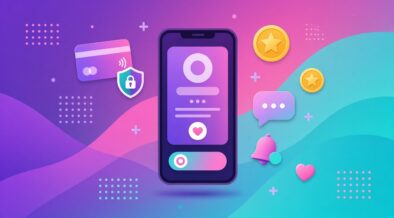 Illustration of a phone with a creator profile, a secured payment card, coins and a chat bubble