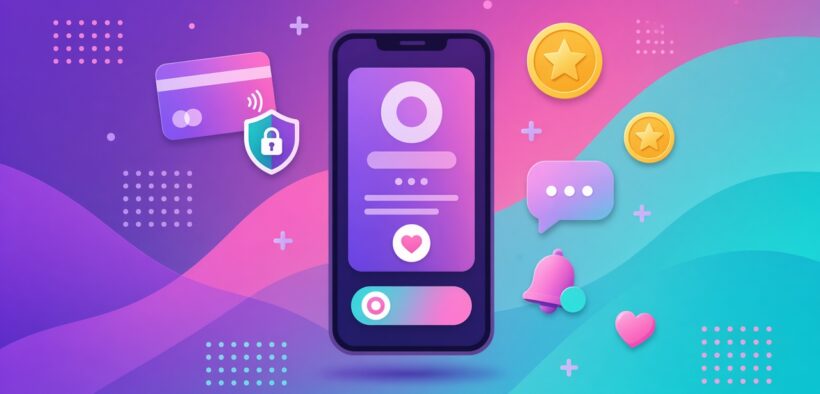 Illustration of a phone with a creator profile, a secured payment card, coins and a chat bubble