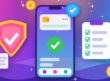 Illustration of a phone wallet app with a green check mark, next to a security shield, a verified badge, an ID card with a padlock and a checklist