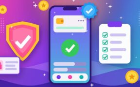 Illustration of a phone wallet app with a green check mark, next to a security shield, a verified badge, an ID card with a padlock and a checklist