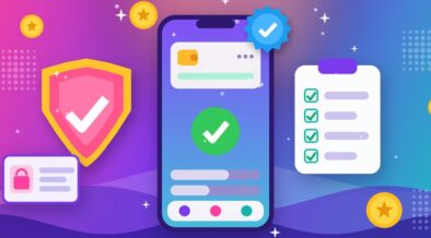Illustration of a phone wallet app with a green check mark, next to a security shield, a verified badge, an ID card with a padlock and a checklist