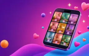 Glossy 3D purple smartphone showing a grid of nine short-video thumbnails with floating hearts