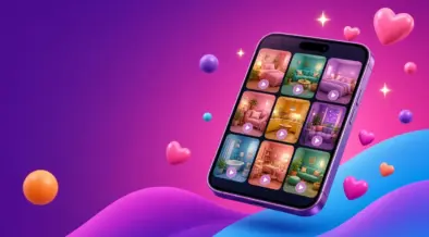 Glossy 3D purple smartphone showing a grid of nine short-video thumbnails with floating hearts