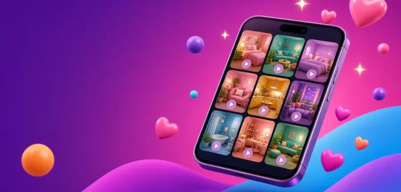 Glossy 3D purple smartphone showing a grid of nine short-video thumbnails with floating hearts