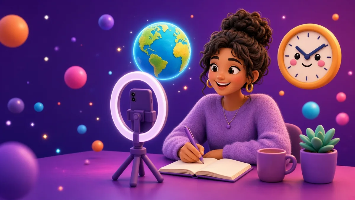 Illustrated creator at a desk with a ring light and phone, a notebook, a globe and a clock, showing posting time for another time zone